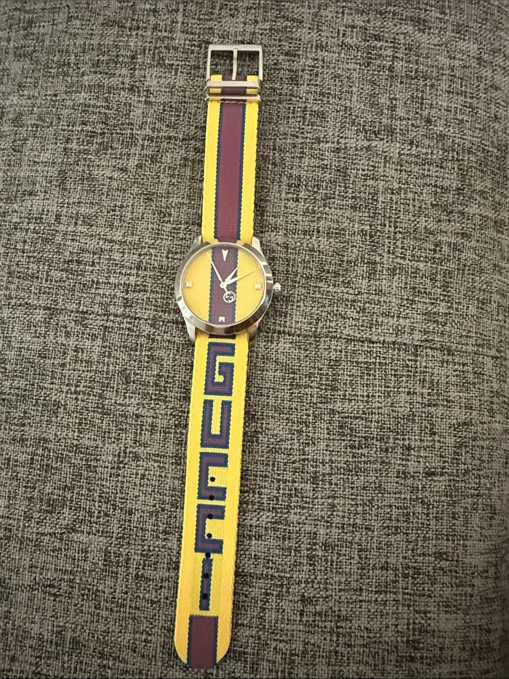 Gucci Yellow and Burgundy Logo Strap Watch